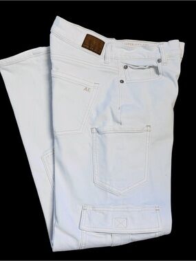 American Eagle Super Hi Rise Baggy Straight  Cargo Jeans White Sz 0 Regular